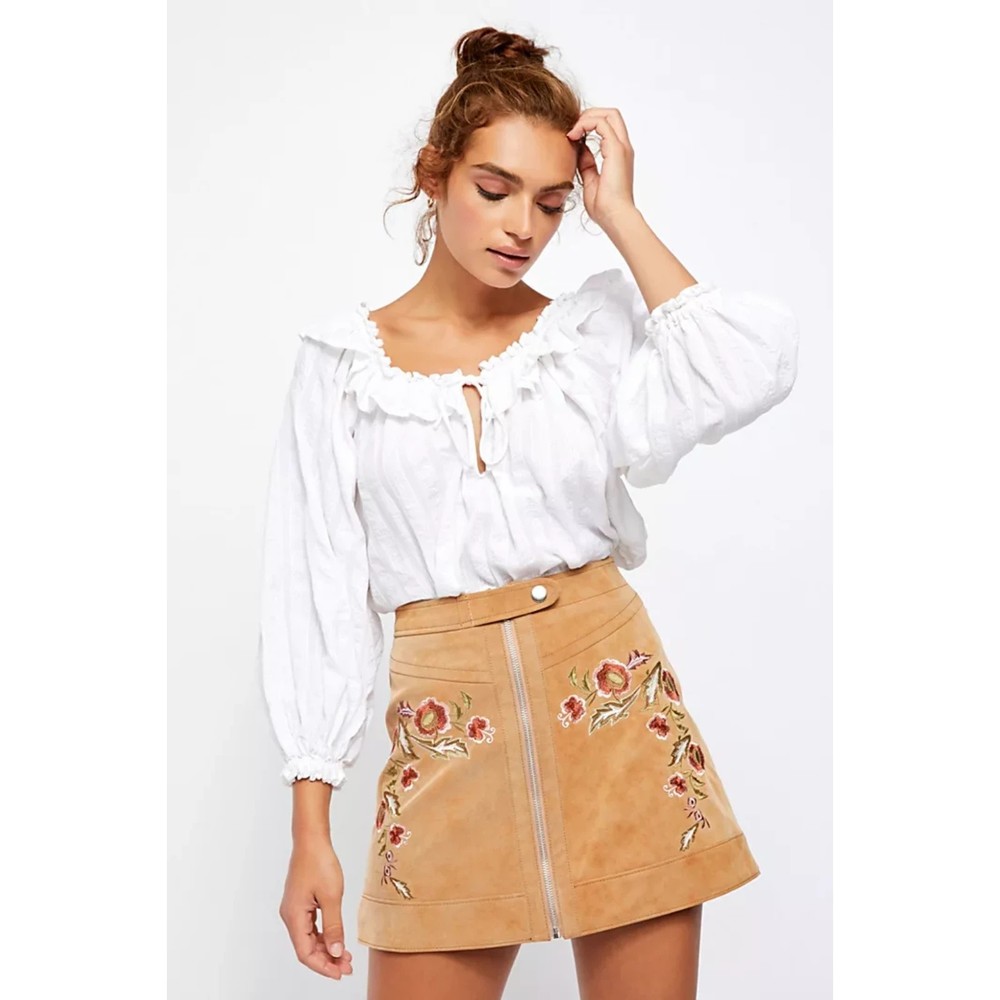Free People NWT Alanis Faux Leather Embroidered Front Zip Mini Skirt Camel 0 New